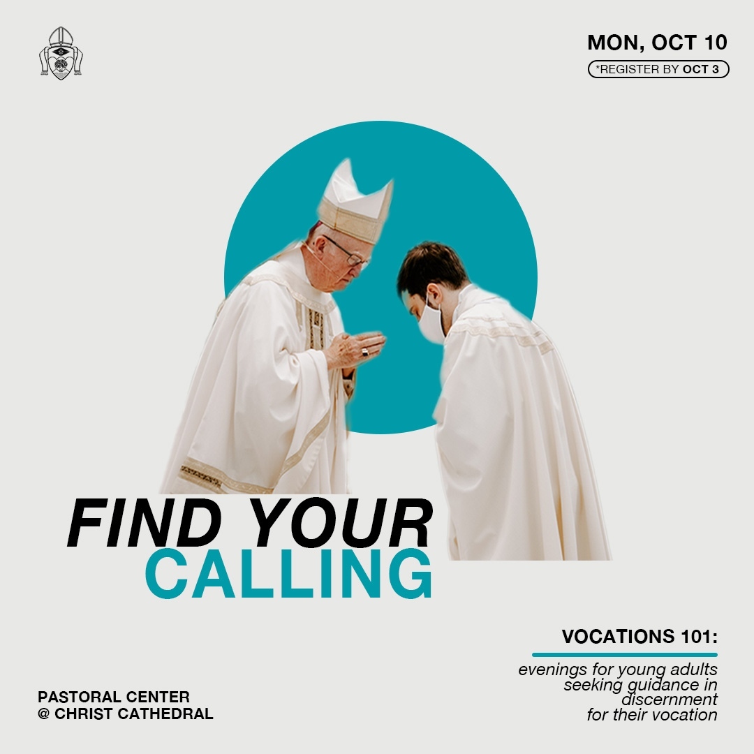 What is a Vocation 101 series?⁠
⁠
Vocations 101 is a 6-week small-group based series where each week, our Vocations team will guide you with resources and discussion to give you tools to best discern God’s purpose for your life.⁠
⁠
When: Monday, Oct. 10, 2022⁠
Where: Pastoral Center at Christ Cathedral Campus⁠
Time: 6PM to 8:30PM⁠
⁠
This series is free, but registration is required by Oct. 3.⁠
⁠
Link in bio to register!