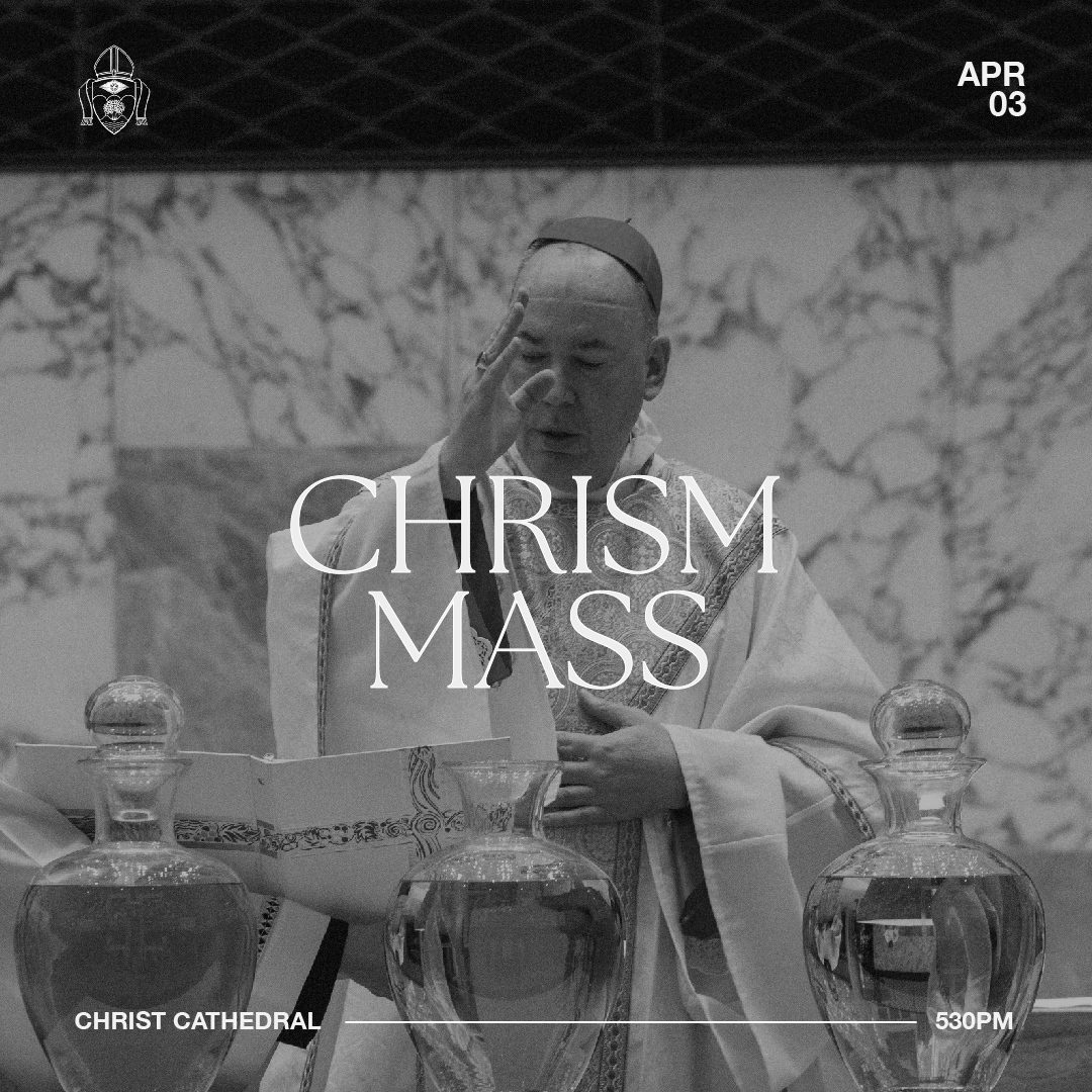 This Monday, April 3, all are welcome to join us for the annual Chrism Mass at Christ Cathedral. It’s a special Mass where all priests across our Diocese come together to renew their promises, and the sacred Chrism and other oils are blessed.
Hope to see you there at 530 PM 🙏