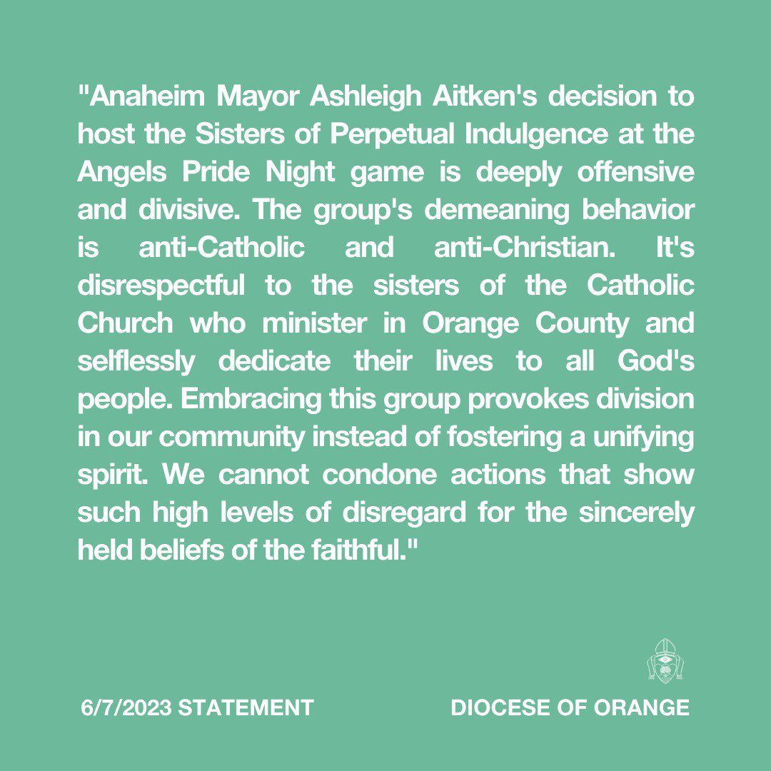 Our response to Anaheim @mayorashleighaitken hosting the Sisters of Perpetual Indulgence at the @angels Pride Night tonight.