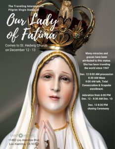 Traveling international pilgrim virgin statue of Our Lady of Fatima