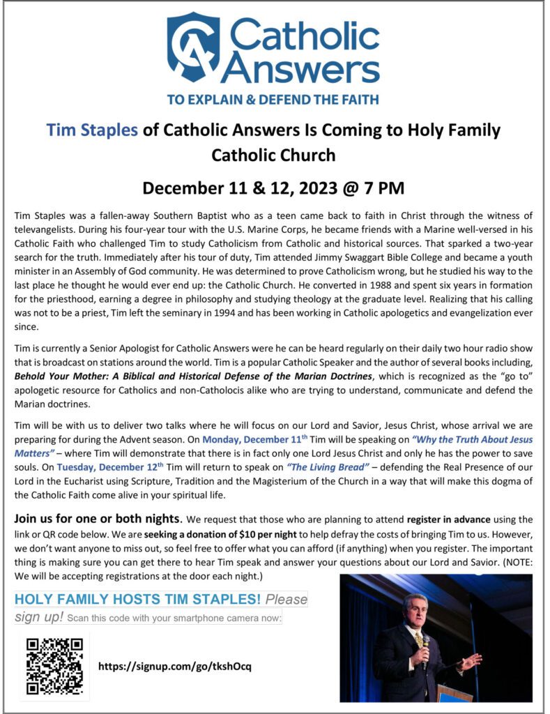 Tim Staples Coming To Holy Family For 2 Nights!