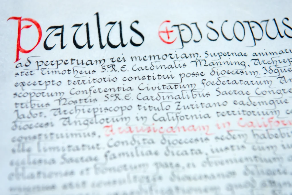 Handwritten Latin archival document from the Diocese of Orange Archives Exhibition